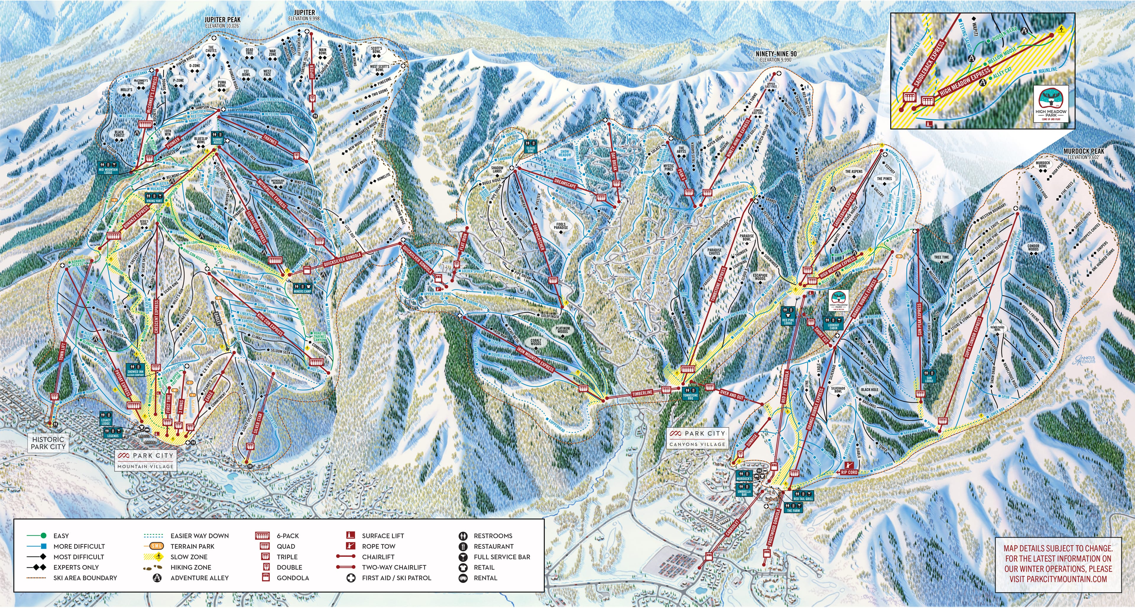 Park City Mountain winter trail map showing Mountain Village and Canyons Village