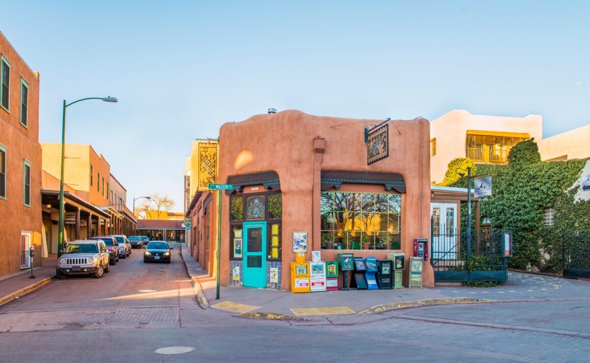 Exterior building image of Cafe Pasqual's in the historic downtown of Santa Fe New Mexico