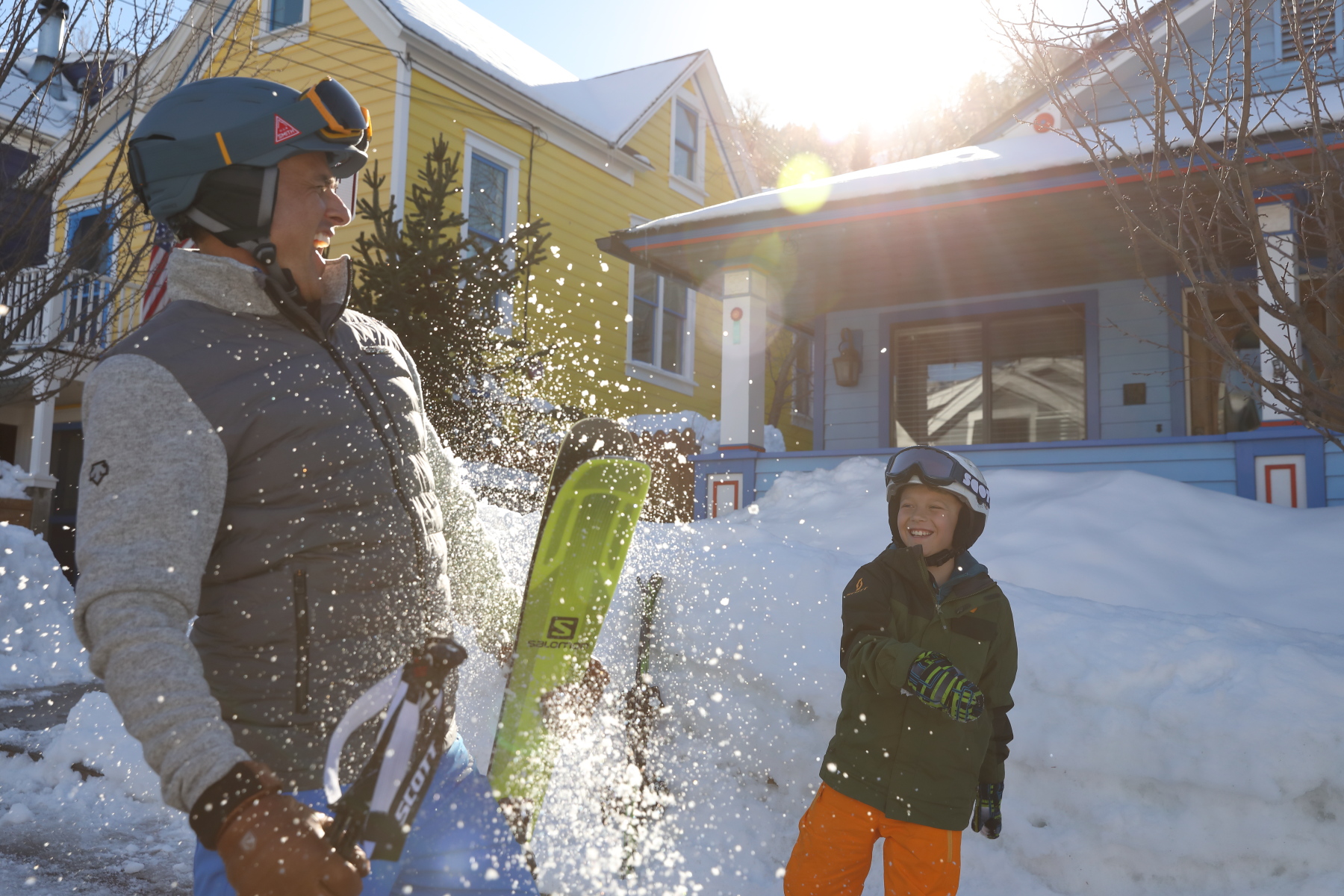 snowball fight between father and son