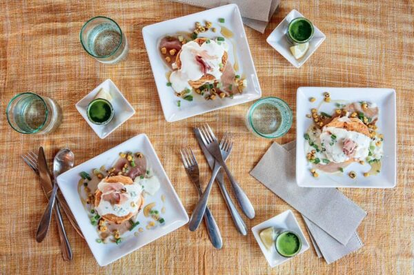 Flat lay of breakfast dishes at Modern General cafe in Santa Fe, New Me