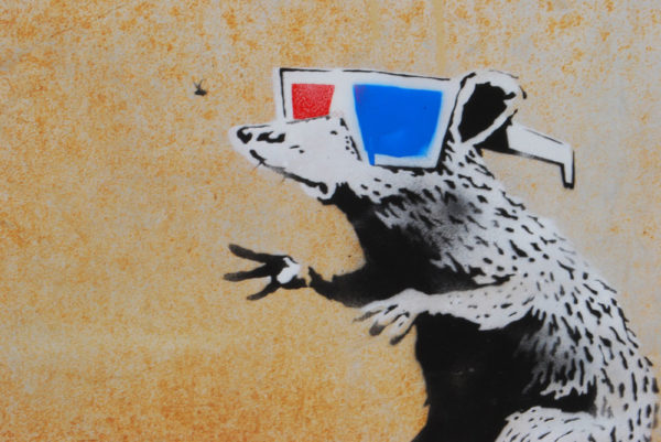 Banksy dirty rat with 3D glasses