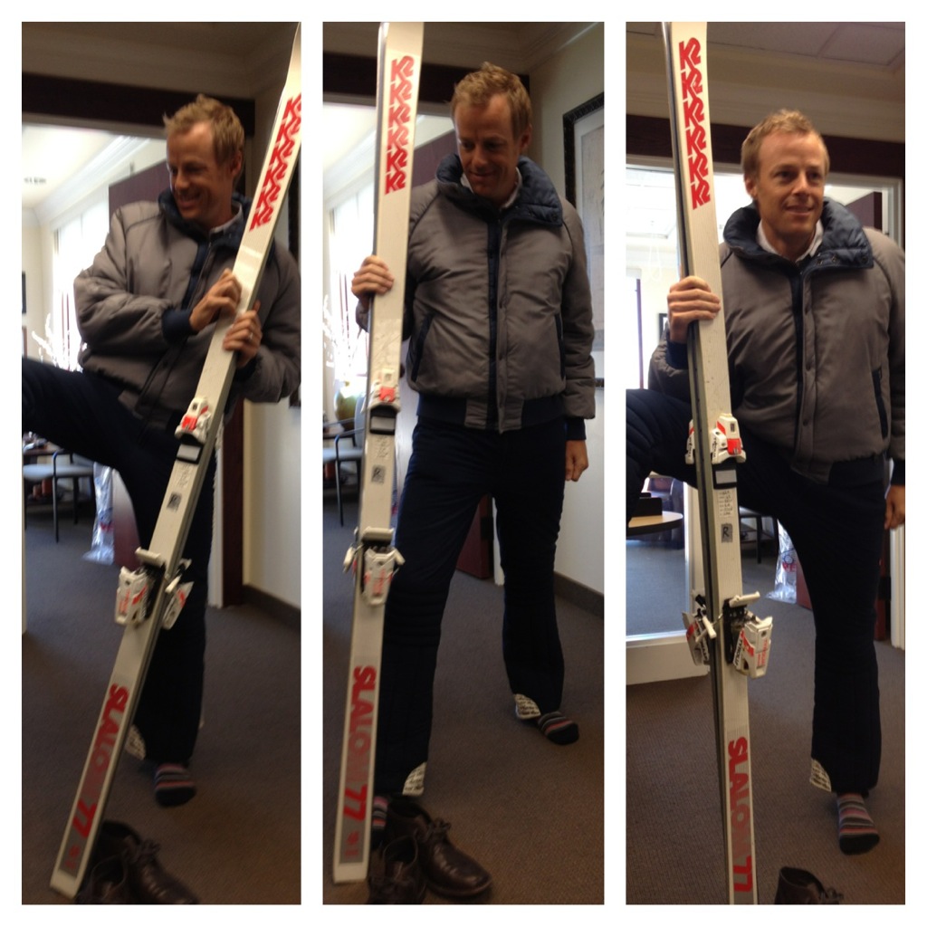 jason trying on ski gear inside for selfie