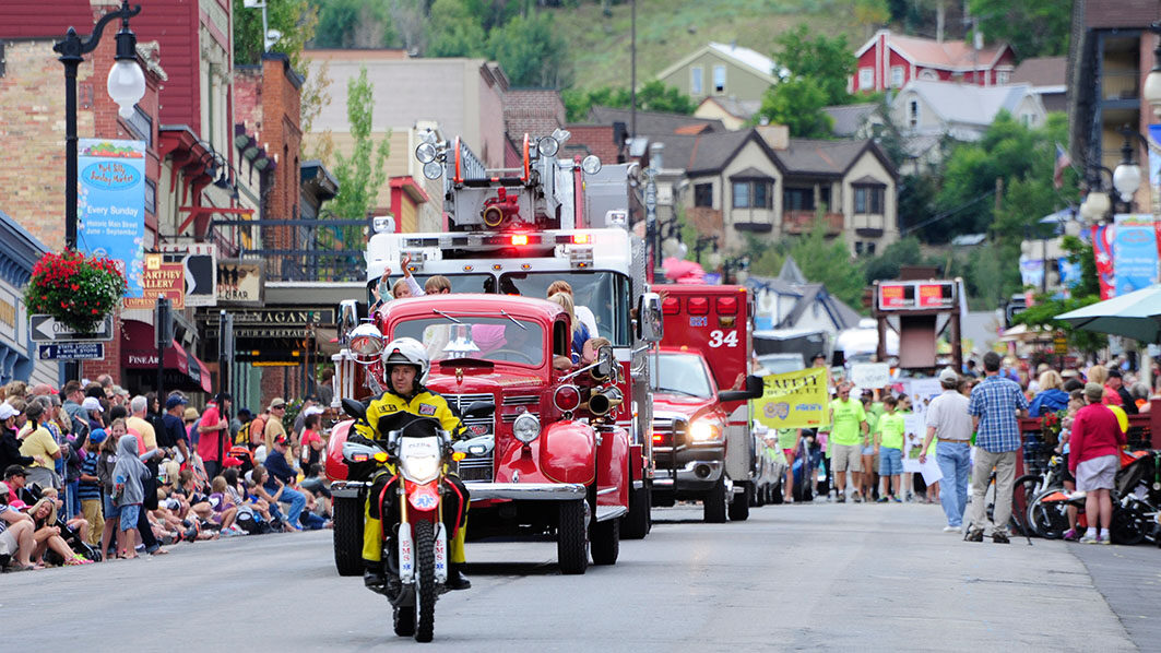 Fire Department Leading the Miners Day Parade on Main Street Park City
