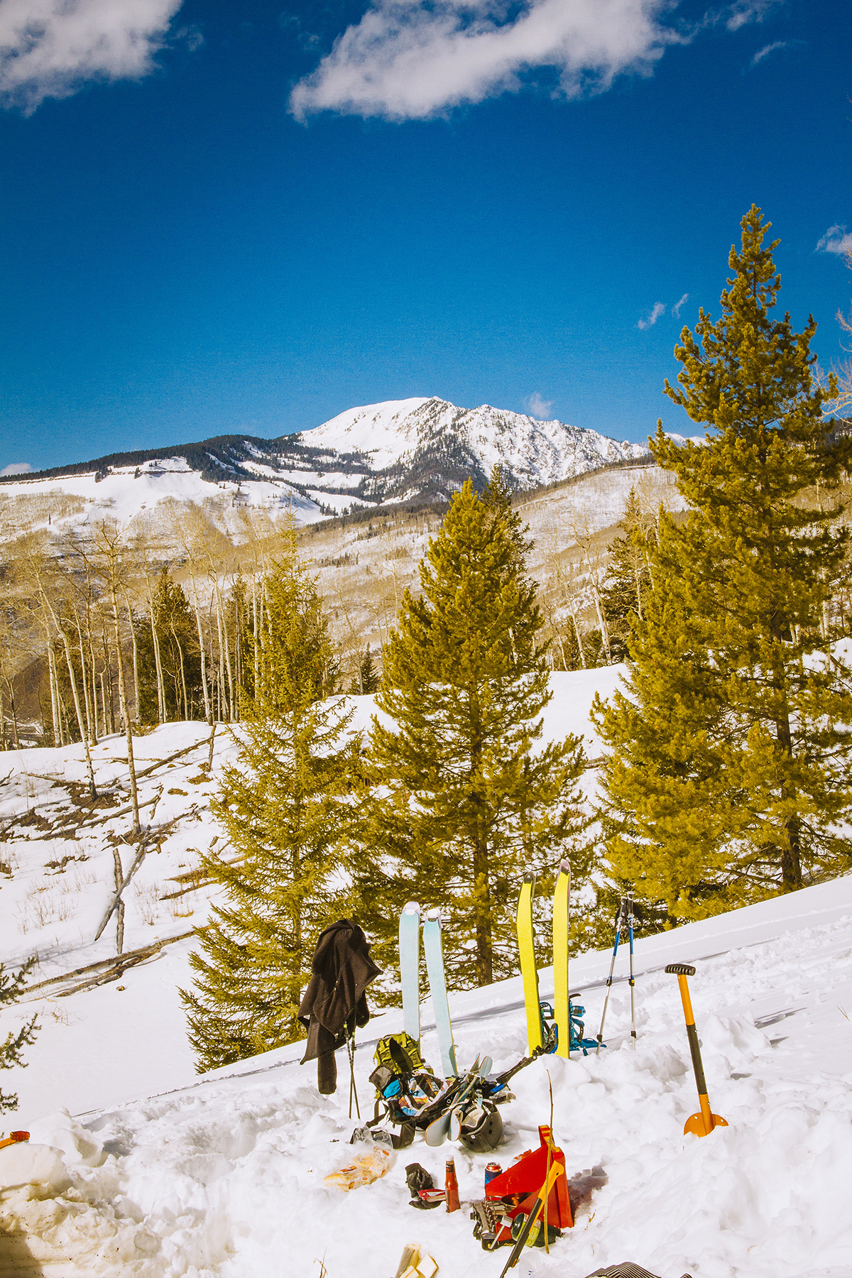 A Bluebird Day in Park City with Ski Gear Stuck into the Snow
