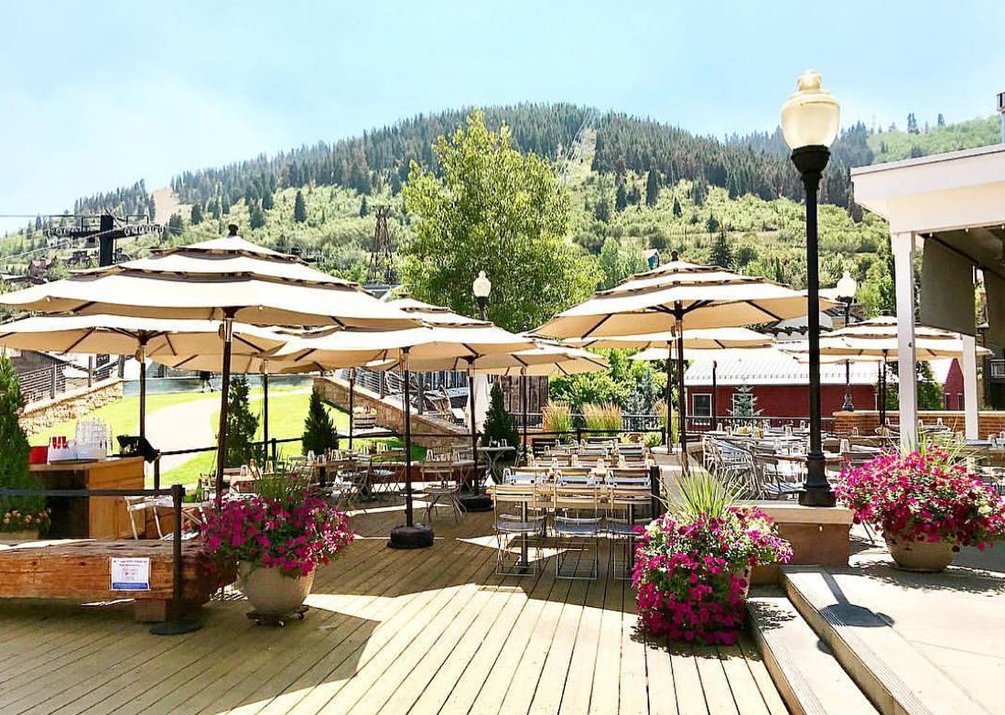 The Outdoor Patio at Bridge Cafe During Summer in Park City, Overlooking The Lifts