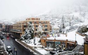 Early Autumn snow storm in a street shot of Park City Utah