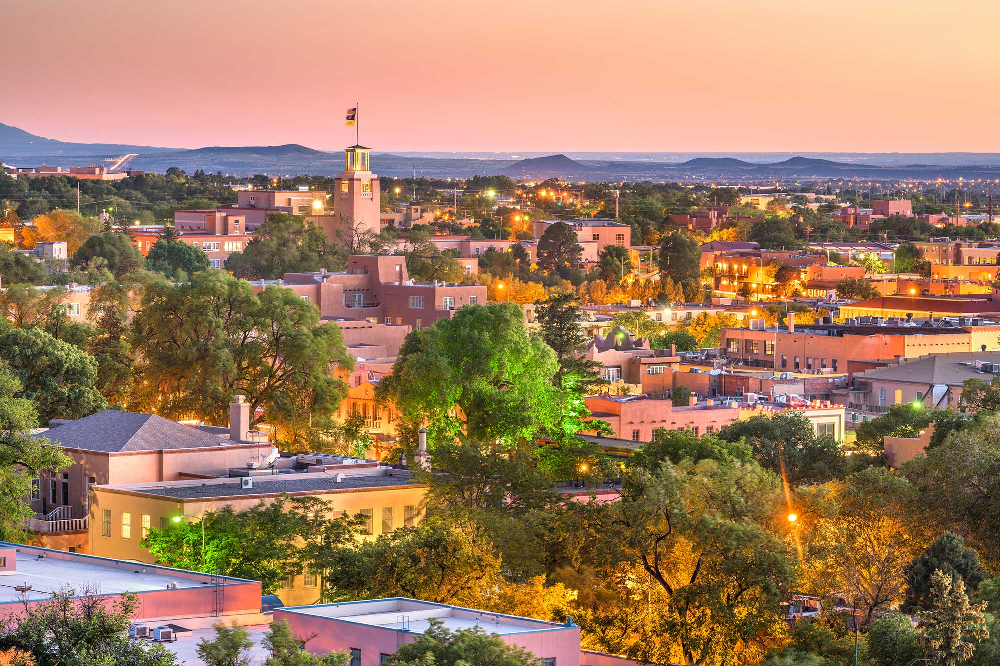 Santa Fe, New Mexico, USA downtown skyline at dusk