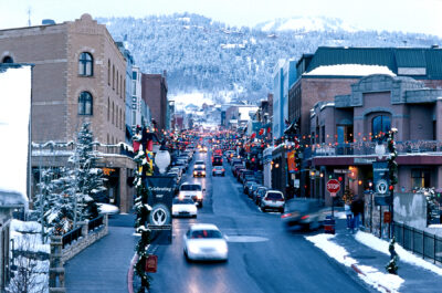 Looking up snowy Historic Main Street Park City During Sundance Film Festival