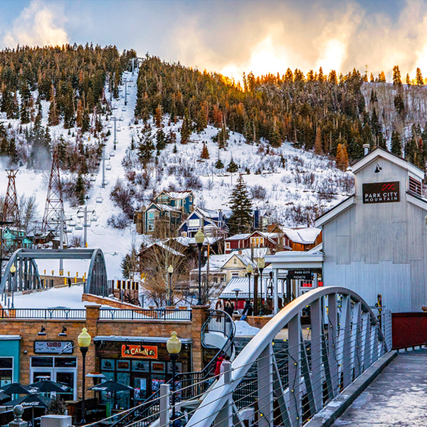 Winter View of Town Lift From Lowe Main Street with Sunrise Peeking Over the Mountains