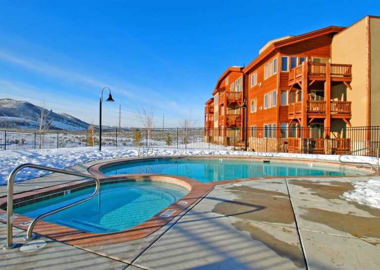 Winter Pool and Building Exterior at Crestview Condominiums in Park City Utah
