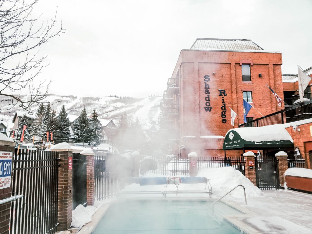 Shadow Ridge Resort Hotel in winter with heated pool