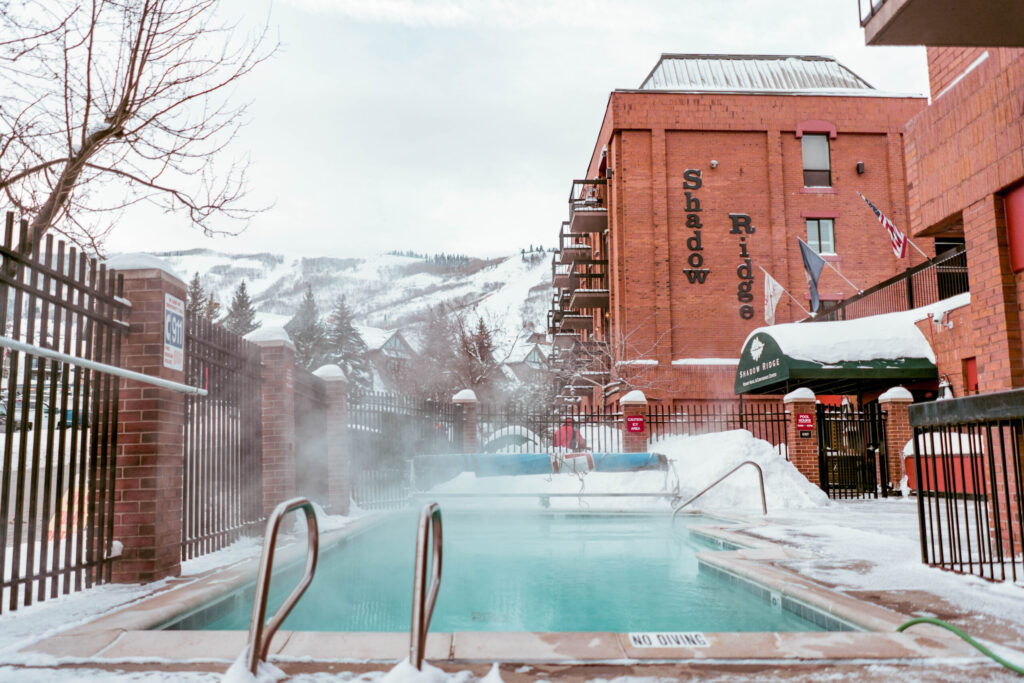 Shadow Ridge Resort Hotel in winter with heated pool