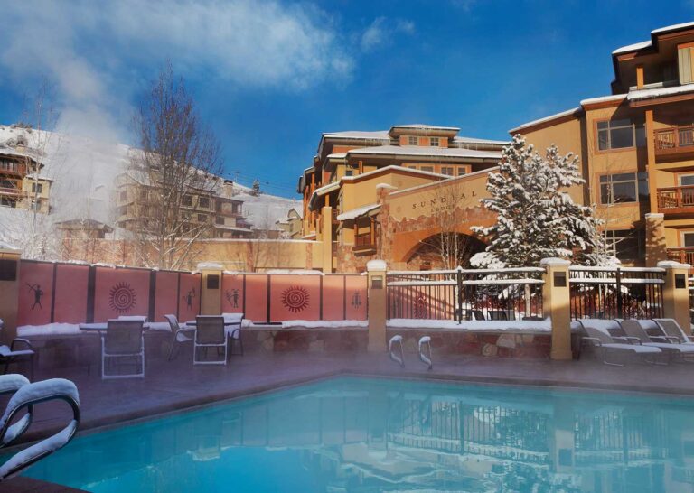 Heated pool on winter day at Sundial Lodge