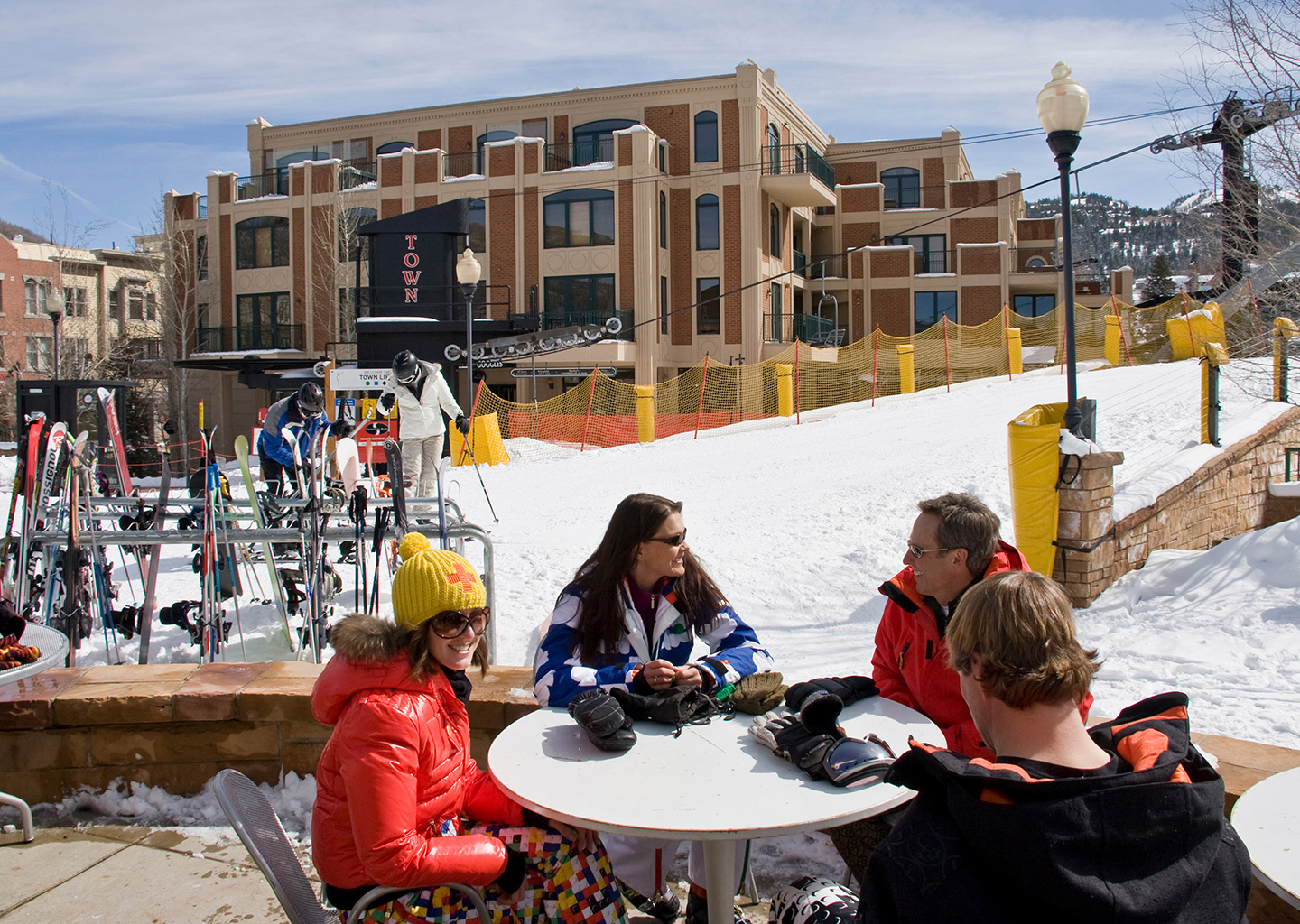 Skiers Taking a Lunch Break Outside of The Caledonian in Park City, Utah