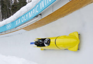 The bobsled coming out of a turn at Utah Olympic Park