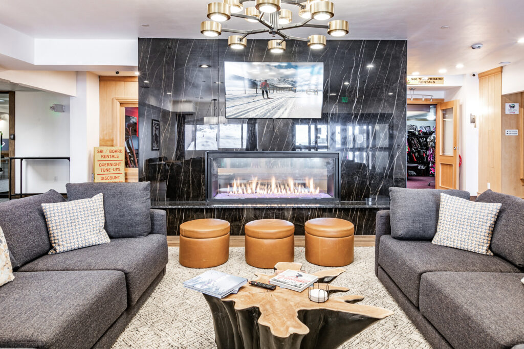 Fire place in the remodeled Shadow Ridge lobby