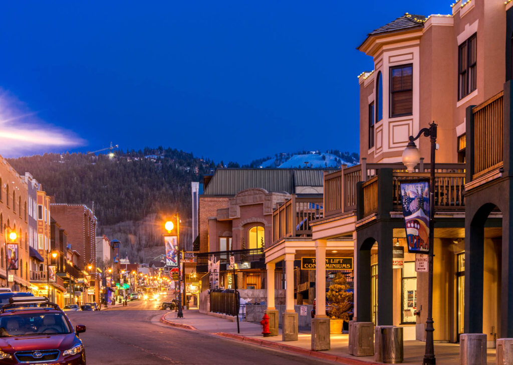 Exterior of Town Lift Condos Park City on Main Street in the winter