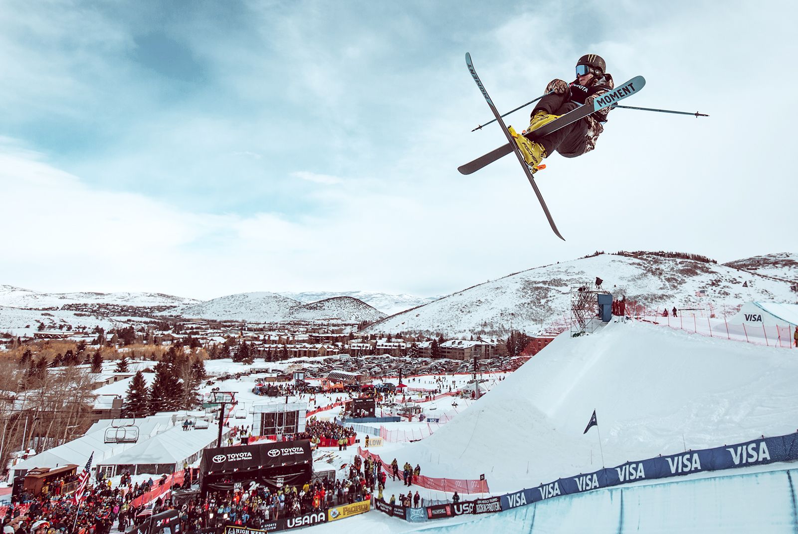 Freestyle Skiier Launching in the Air at the FIS World Cup in Park City Utah