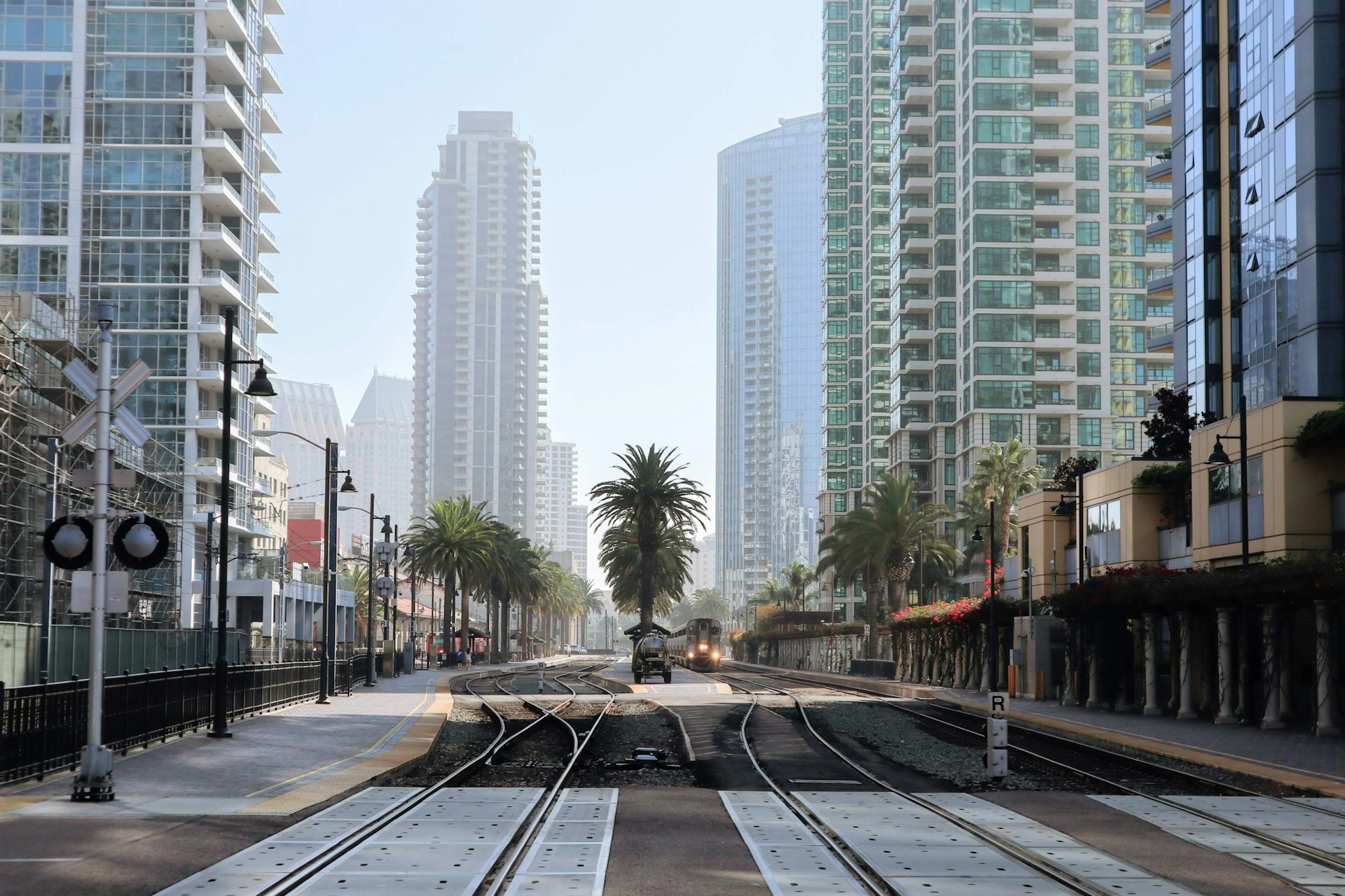 Street in city with tram tracks