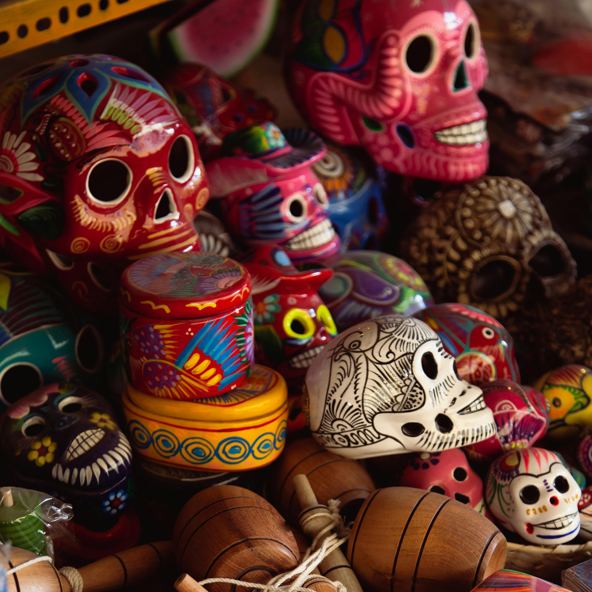 Sugar skull art and calavera decorations for Dia de los Muertos in Santa Fe