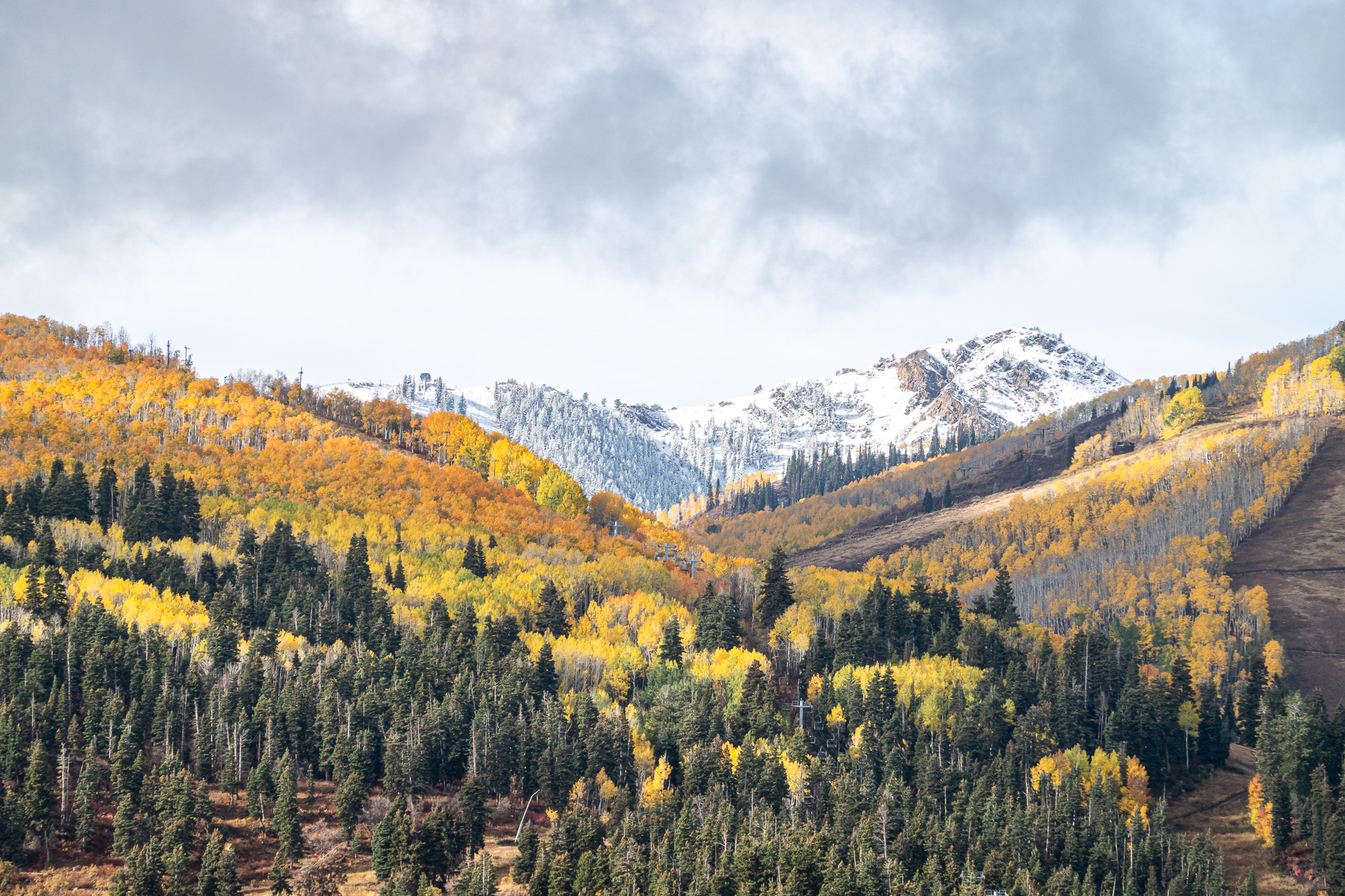 Park City first snow on Jupiter Peak with fall leaves in 2025