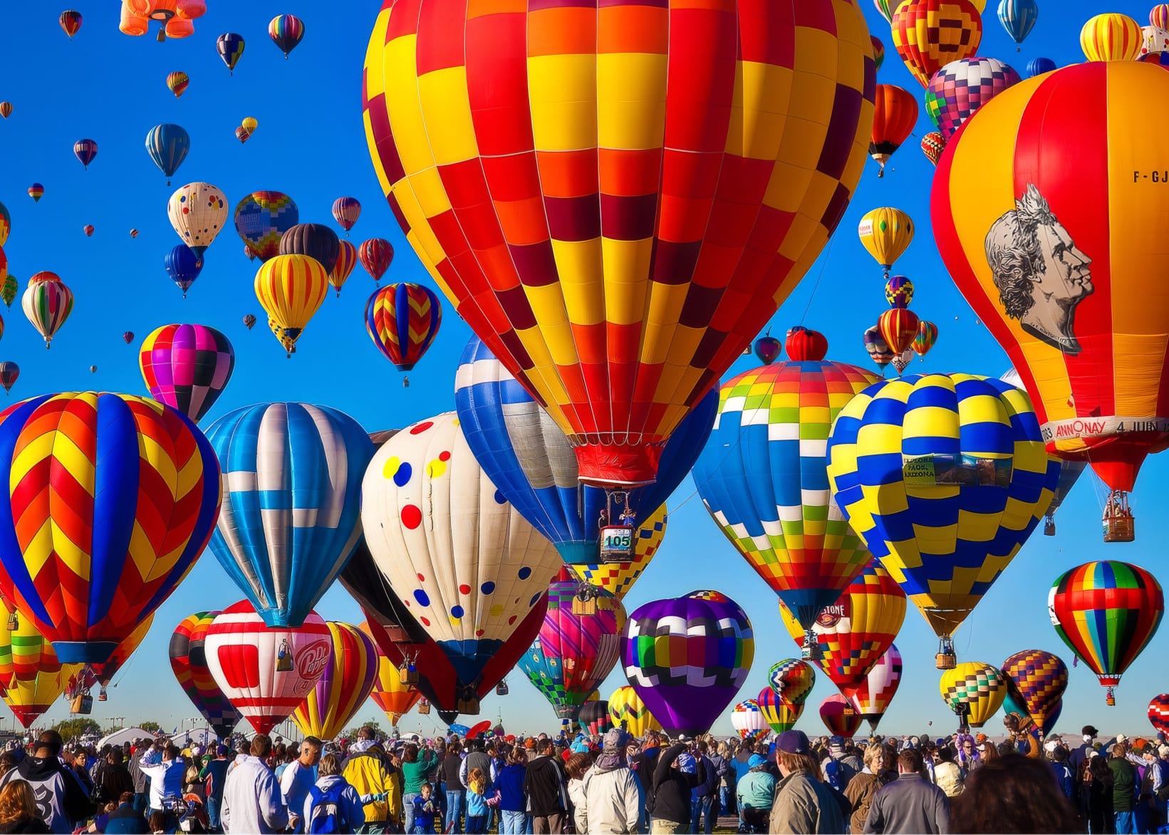 Hot air balloons rising over Balloon Fiesta Park with New Mexico mountains in the background
