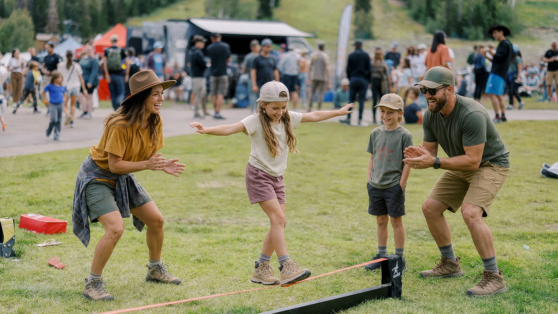 Family enjoying the slackline activity at the Deer Valley Mountain Beer Festival kids zone